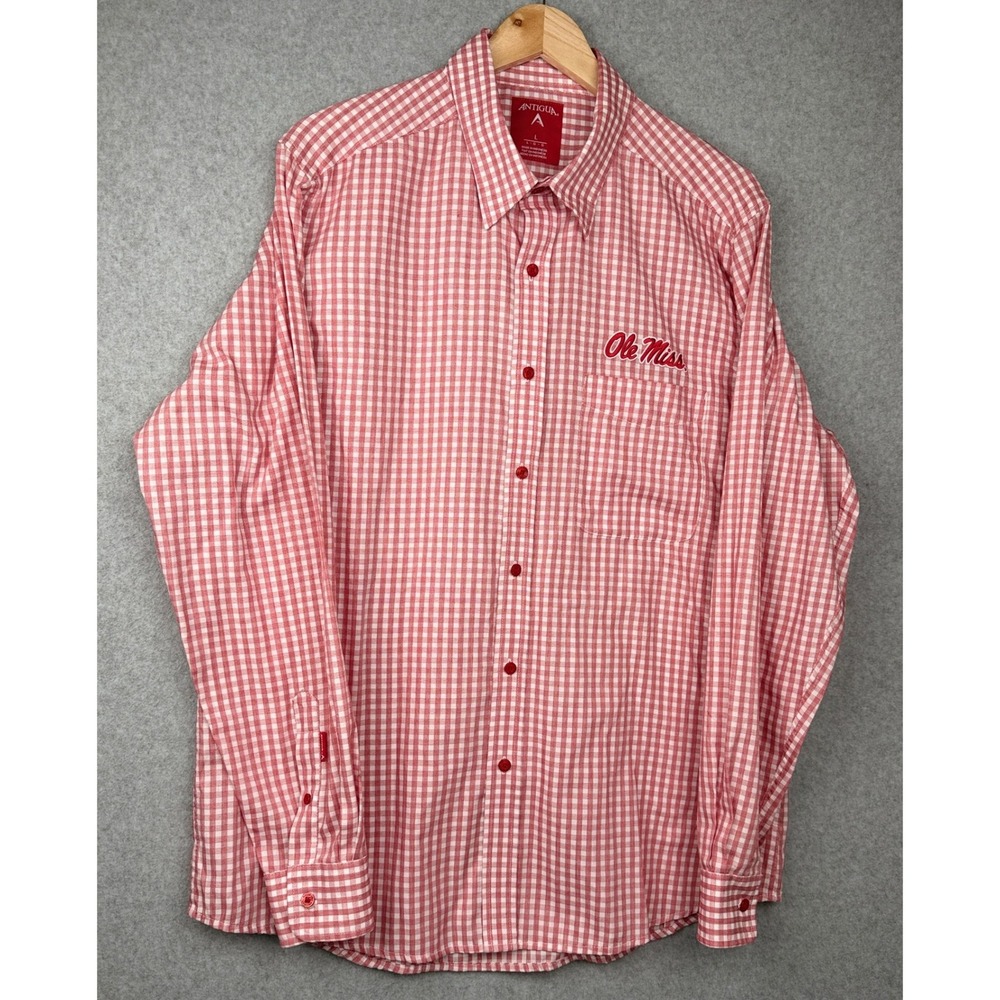 Antigua Ole Miss Rebels Shirt Mens Large Red White Gingham Button Up NCAA